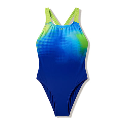 Speedo Girls Engineered Print Powerback One Piece - Nightwatch/Citrusgrn