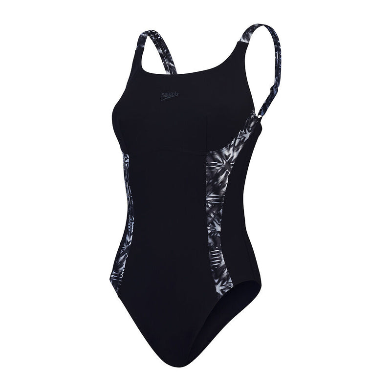 Speedo Womens Shaping Printed Splice Swimsuit - Black/Oxid Grey/White