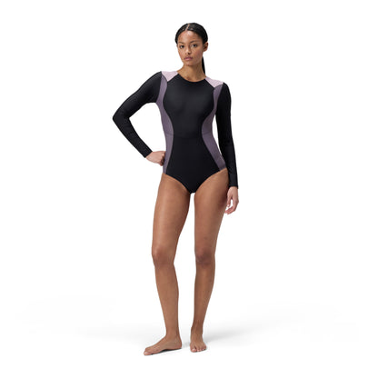 Speedo Womens Colourblock Long Sleeve Zip Back One Piece - Black