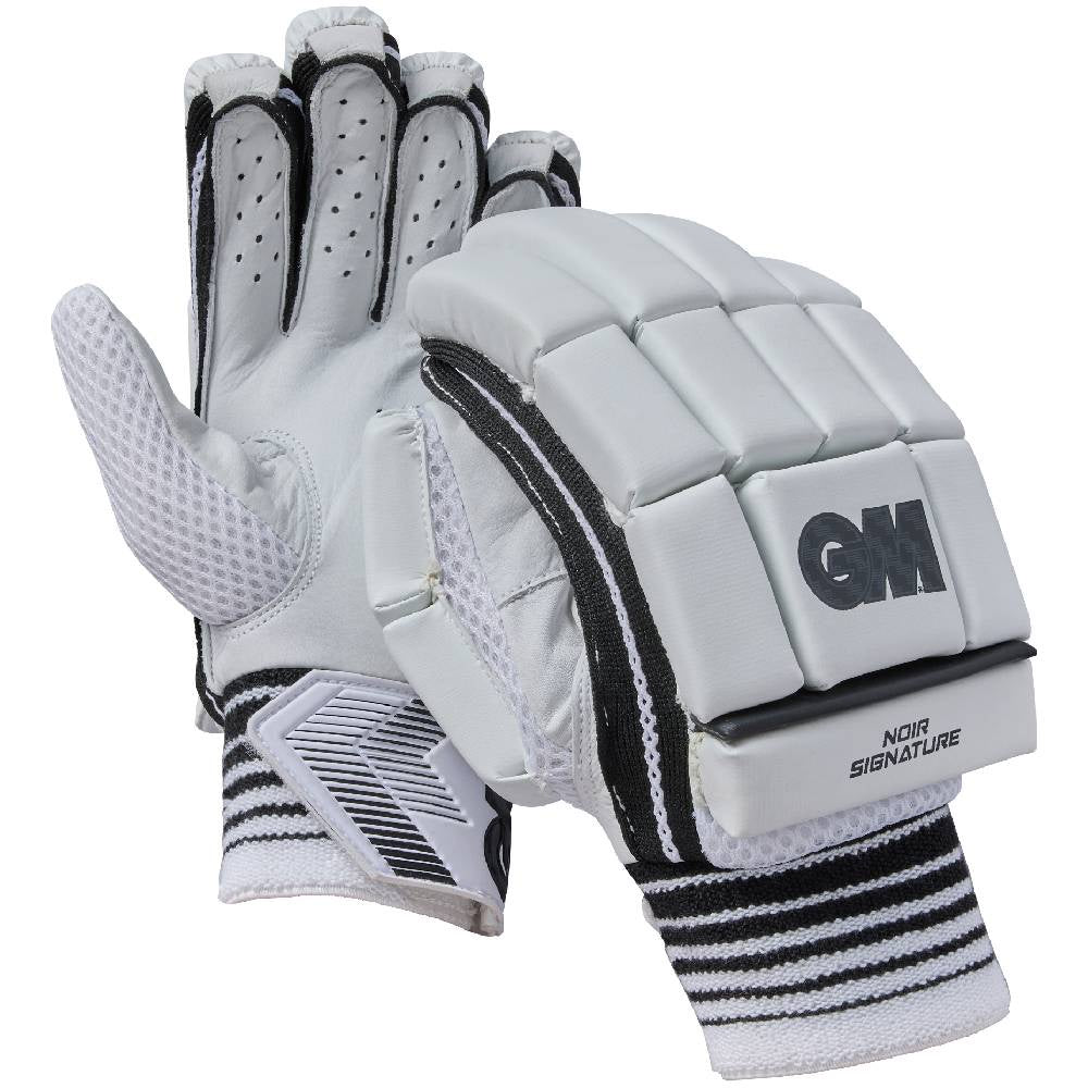 Pair of white Gunn & Moore Noir Signature cricket batting gloves with black trim and GM logo.