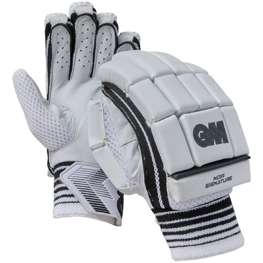 Pair of white Gunn & Moore Noir Signature cricket batting gloves with black trim and GM logo.