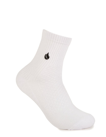 Side view of a white foot-ies Blaze half crew sock with a ribbed cuff and black flame logo.
