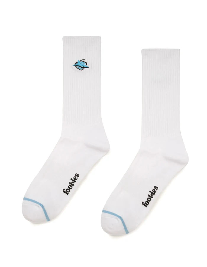 Pair of white socks with Cronulla Sharks logo