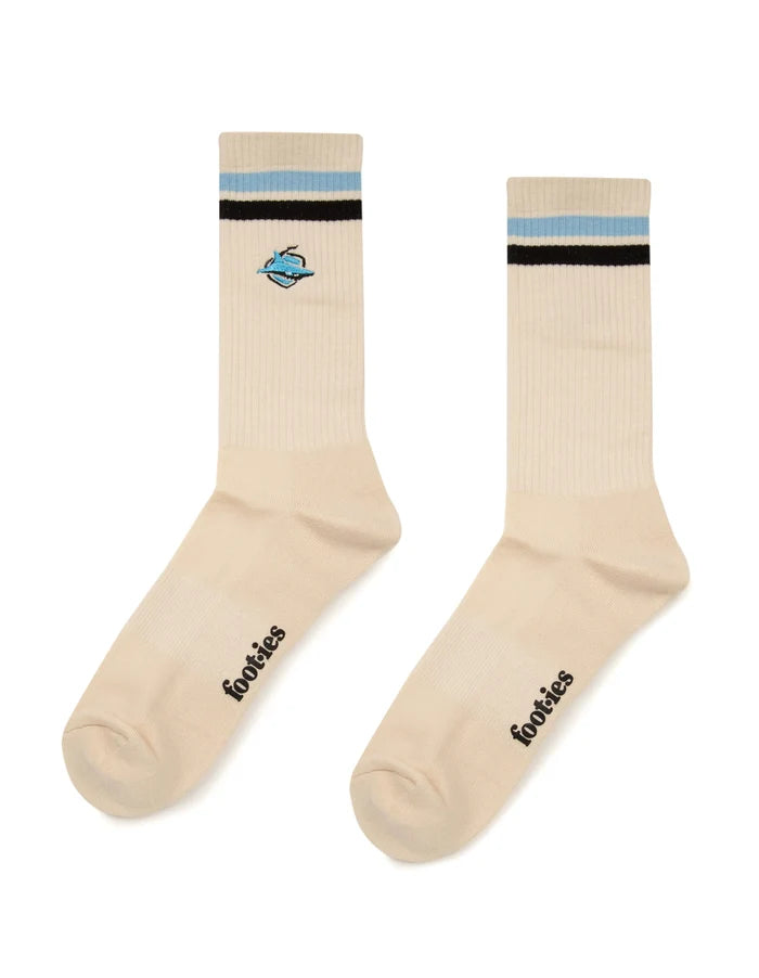Pair of cream socks with Cronulla Sharks logo