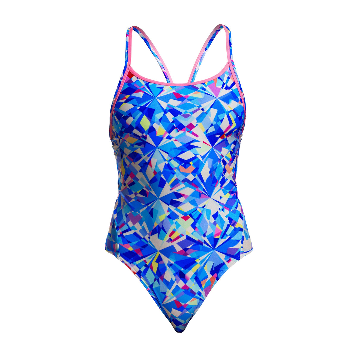 Funkita Women's Diamond Back one-piece swimsuit in Crystal Mess geometric starburst print with pink double straps.