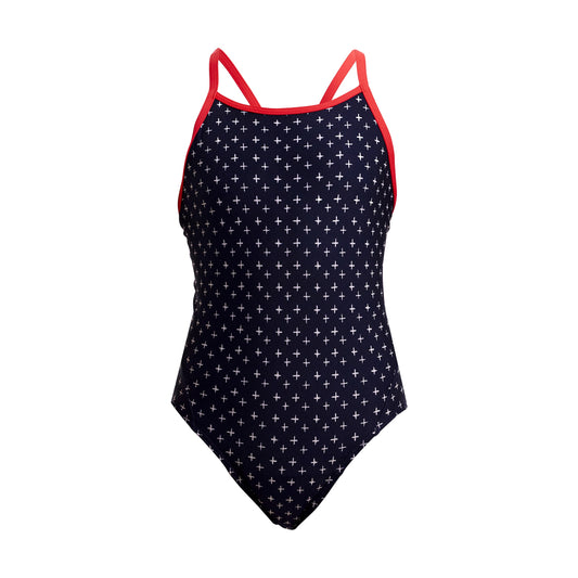 Funkita Girls Diamond Secure One Piece swimsuit in Very Cross navy cross pattern with coral-red straps.