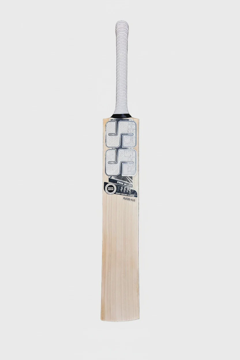A single cricket bat shown vertically against a light gray background. The bat has a natural light wood blade, a black and white guard, and a white wrapped handle.