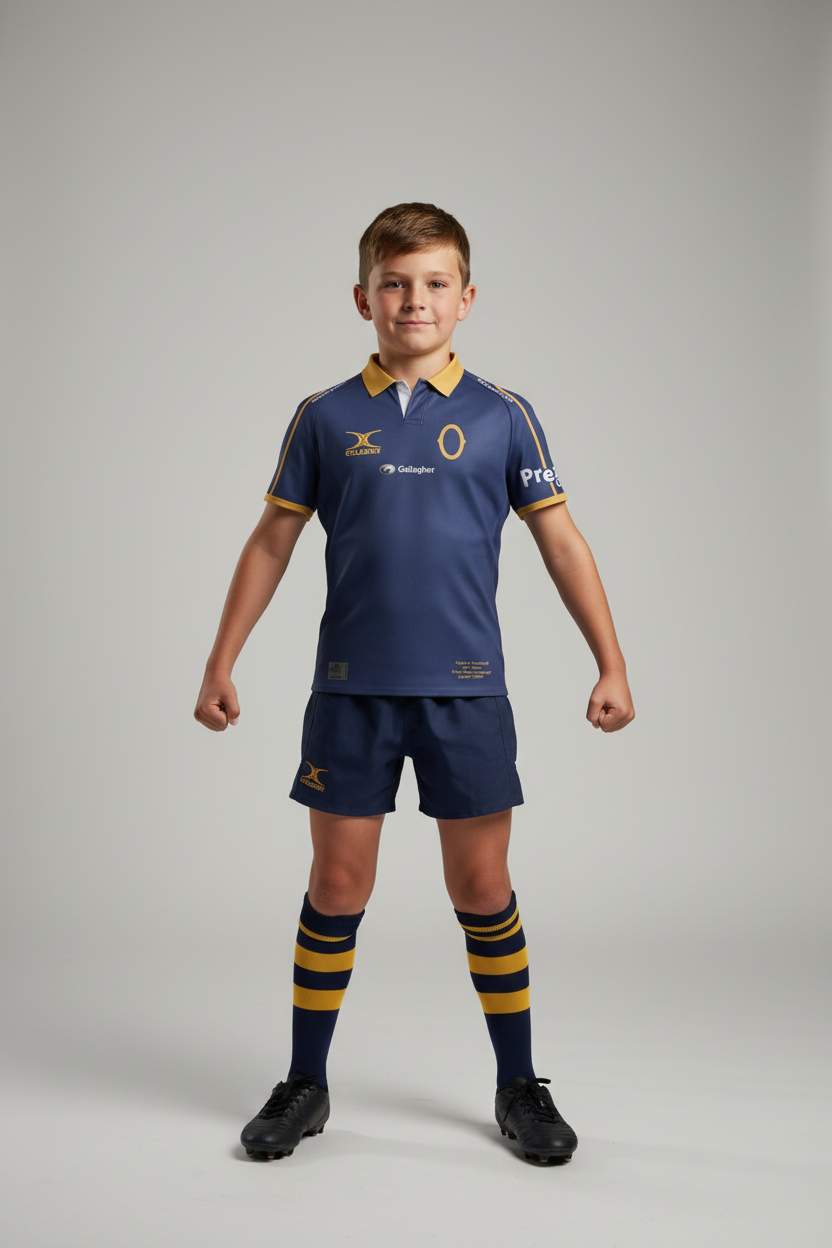 A blue and gold rugby jersey with 'South in our blood' printed on the collar, 'Otago vs Southland' printed on the bottom, featuring sponsor logos including Gilbert, Gallagher, and Prezzy Card, on a plain white background.