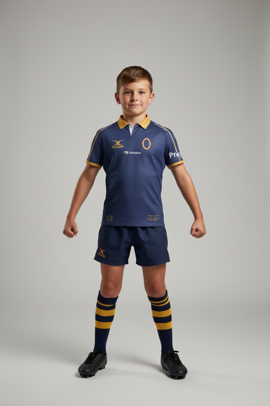 A blue and gold rugby jersey with 'South in our blood' printed on the collar, 'Otago vs Southland' printed on the bottom, featuring sponsor logos including Gilbert, Gallagher, and Prezzy Card, on a plain white background.