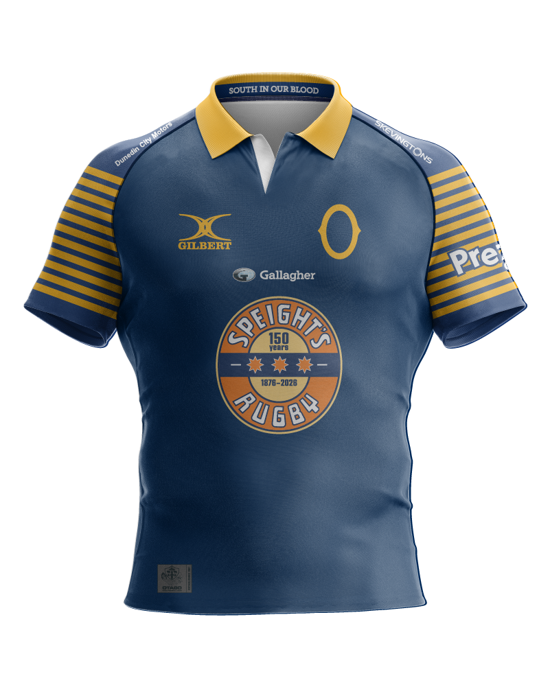 A navy blue rugby jersey with yellow and gold accents, featuring the Gilbert and Gallagher logos, a Speights Rugby crest, and a yellow collar, shown on a plain white background.