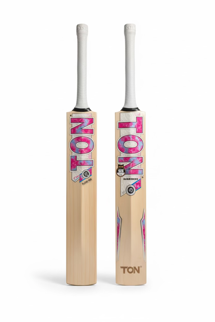 Front and back view of the SS Tim Seifert Players Pro Cricket Bat featuring pink and blue TON branding and a white rubber grip.