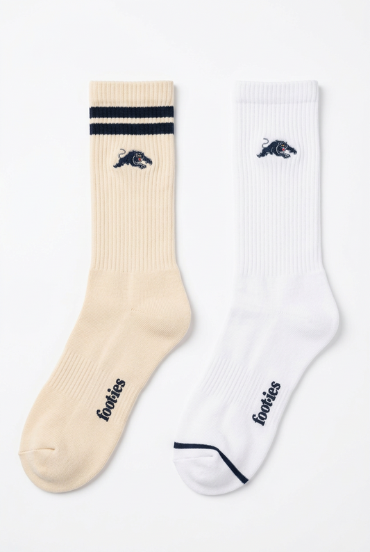 Cream and white foot-ies Penrith Panthers supporter socks.