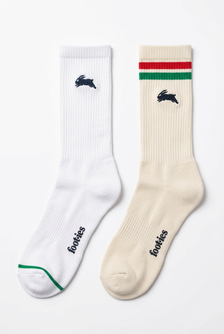Pair of white and cream foot-ies South Sydney Rabbitohs crew socks.