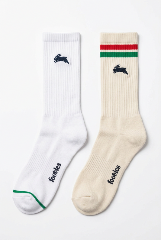 Pair of white and cream foot-ies South Sydney Rabbitohs crew socks.