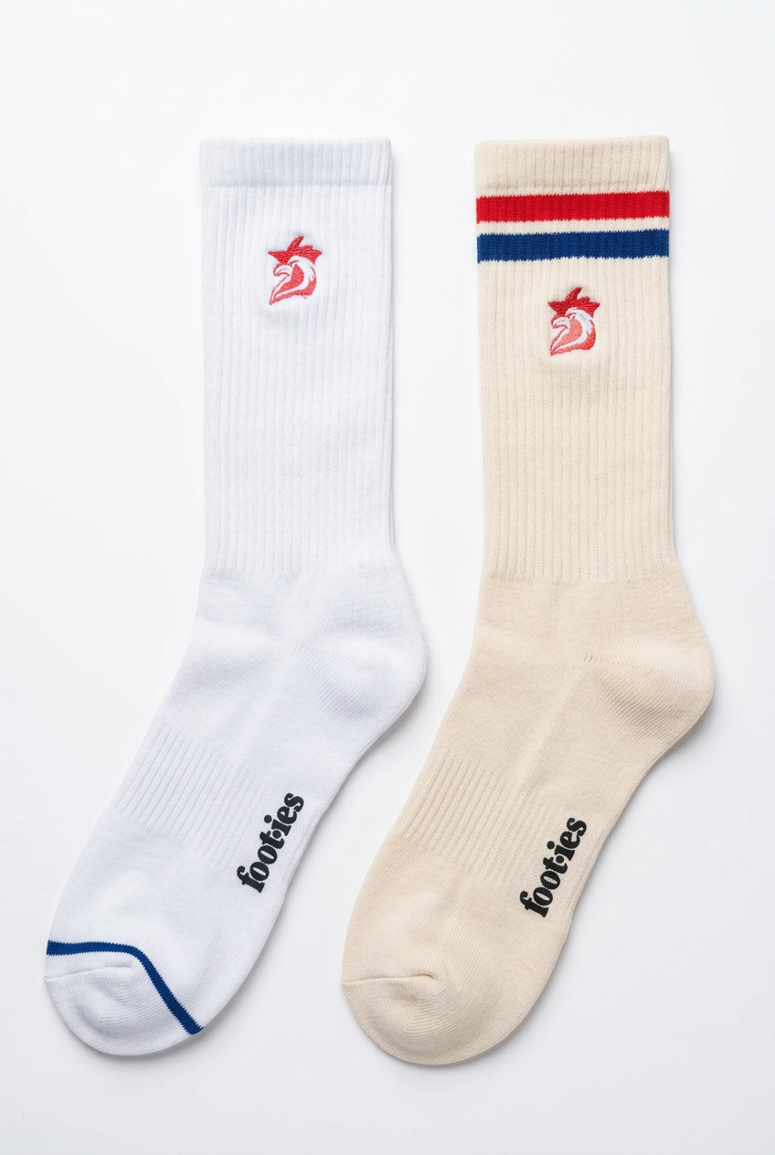 Pair of white and cream foot-ies Sydney Roosters supporter crew socks.