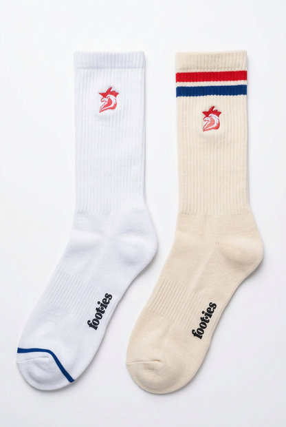 Pair of white and cream foot-ies Sydney Roosters supporter crew socks.