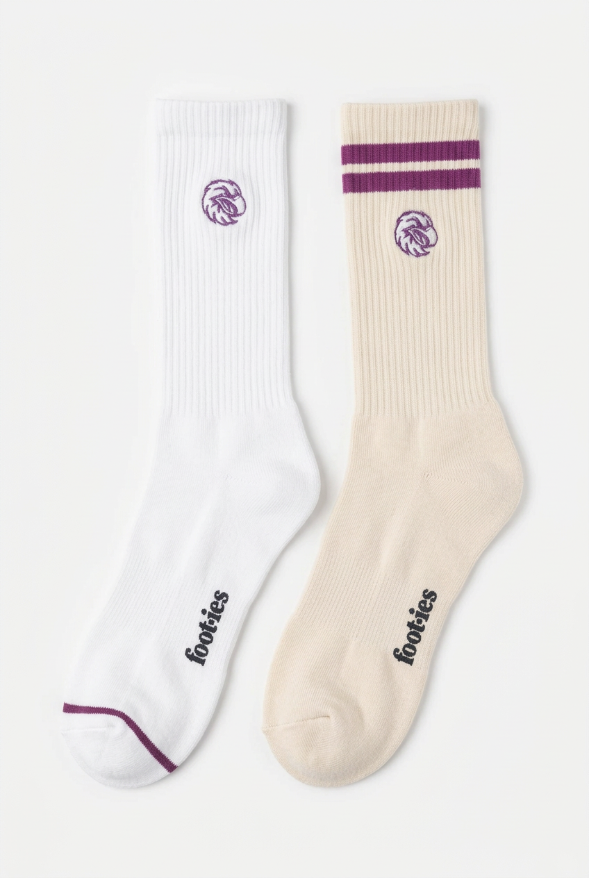 Pair of white and cream foot-ies Manly Sea Eagles supporter crew socks.