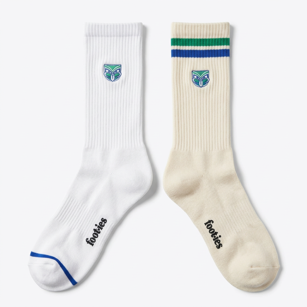 Pair of white and cream foot-ies NZ Warriors supporter crew socks.