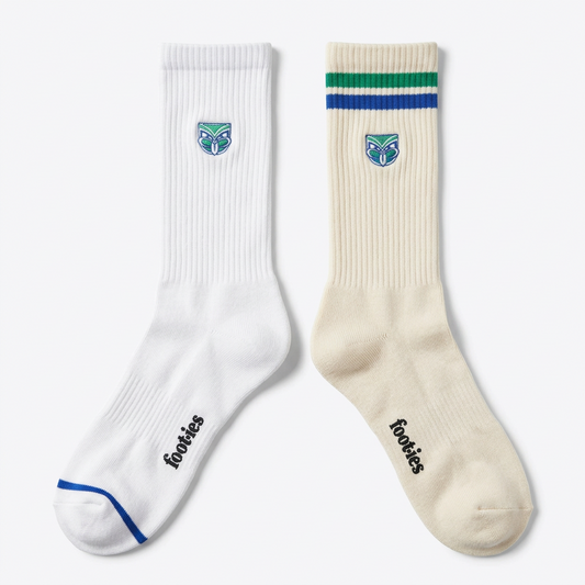Pair of white and cream foot-ies NZ Warriors supporter crew socks.