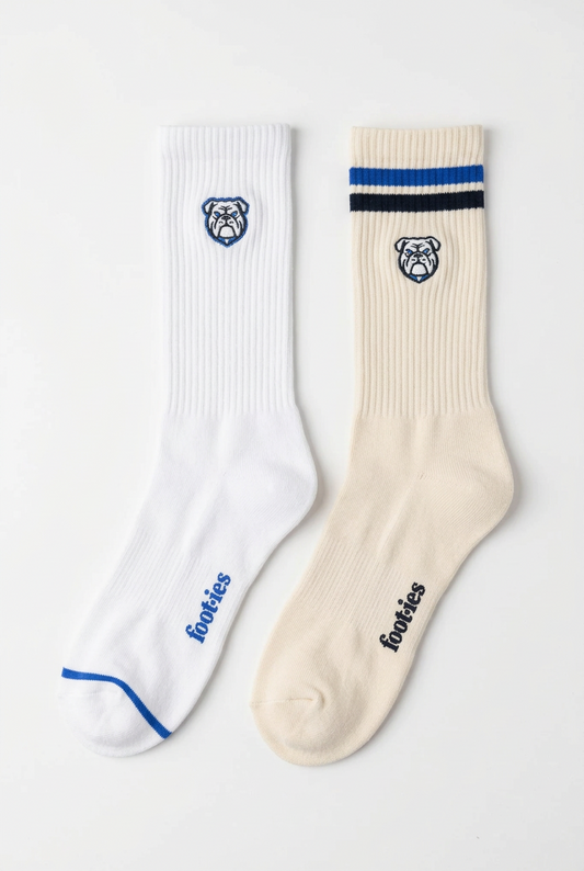 White and cream foot-ies Bulldogs crew socks with blue trim and team logo.