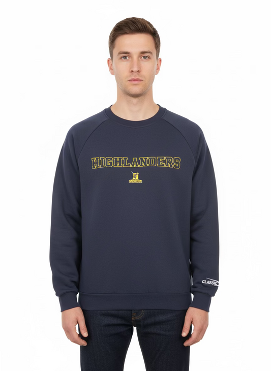 Man wearing a navy blue sweatshirt with 'Highlanders' text on a white background