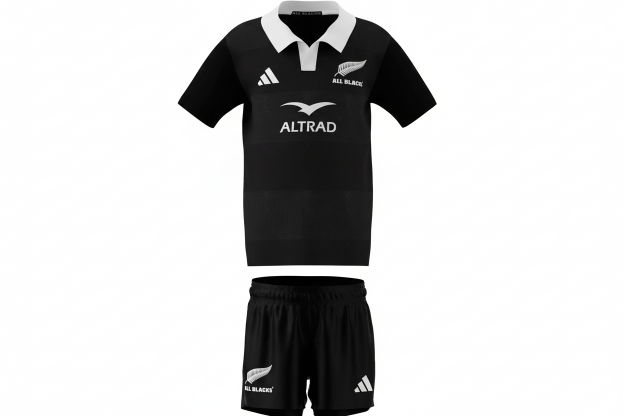 Black sports outfit with 'All Blacks' and 'Altrad' logos on a white background