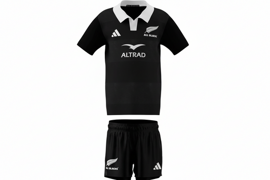 Black sports outfit with 'All Blacks' and 'Altrad' logos on a white background
