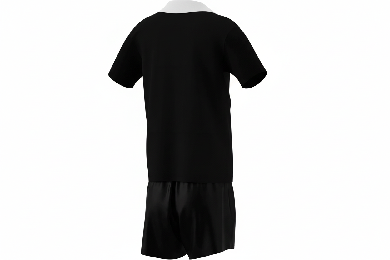 Black polo shirt and shorts set on a white background