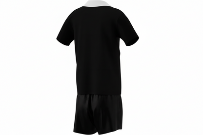 Black polo shirt and shorts set on a white background