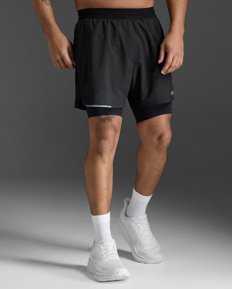 2XU Mens Aero 2-in-1 5 Inch Shorts - Black/Silver