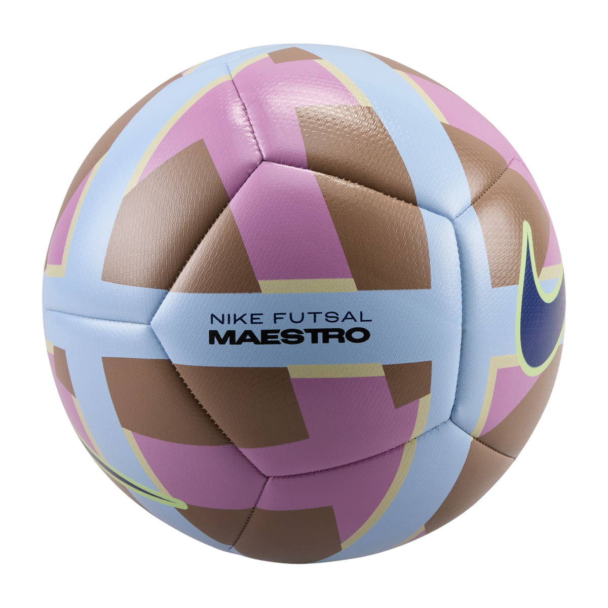Nike Futsal Maestro indoor soccer ball featuring a geometric pattern of light blue, lavender pink, and brown panels with a navy blue Nike Swoosh on the side.