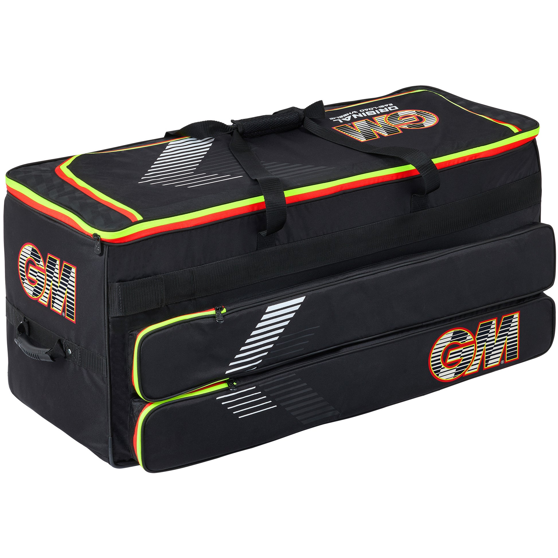 Black Gunn & Moore Original Easi-Load Wheelie Cricket Bag viewed from the back and side, showing zippered compartments, red and yellow neon trim, white striped graphics, and bold red GM logos on the side and top pocket.