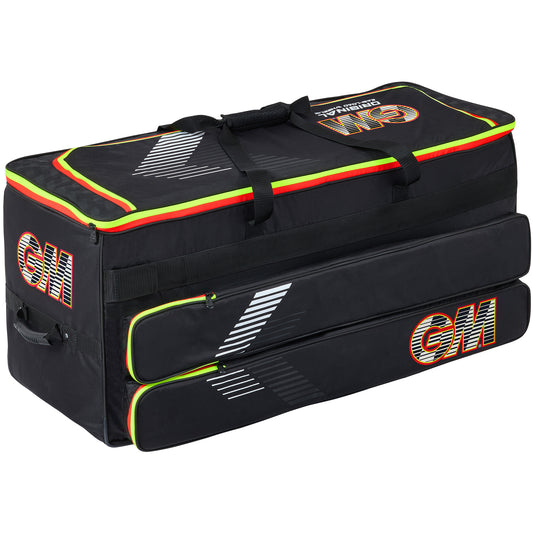 Black Gunn & Moore Original Easi-Load Wheelie Cricket Bag viewed from the back and side, showing zippered compartments, red and yellow neon trim, white striped graphics, and bold red GM logos on the side and top pocket.