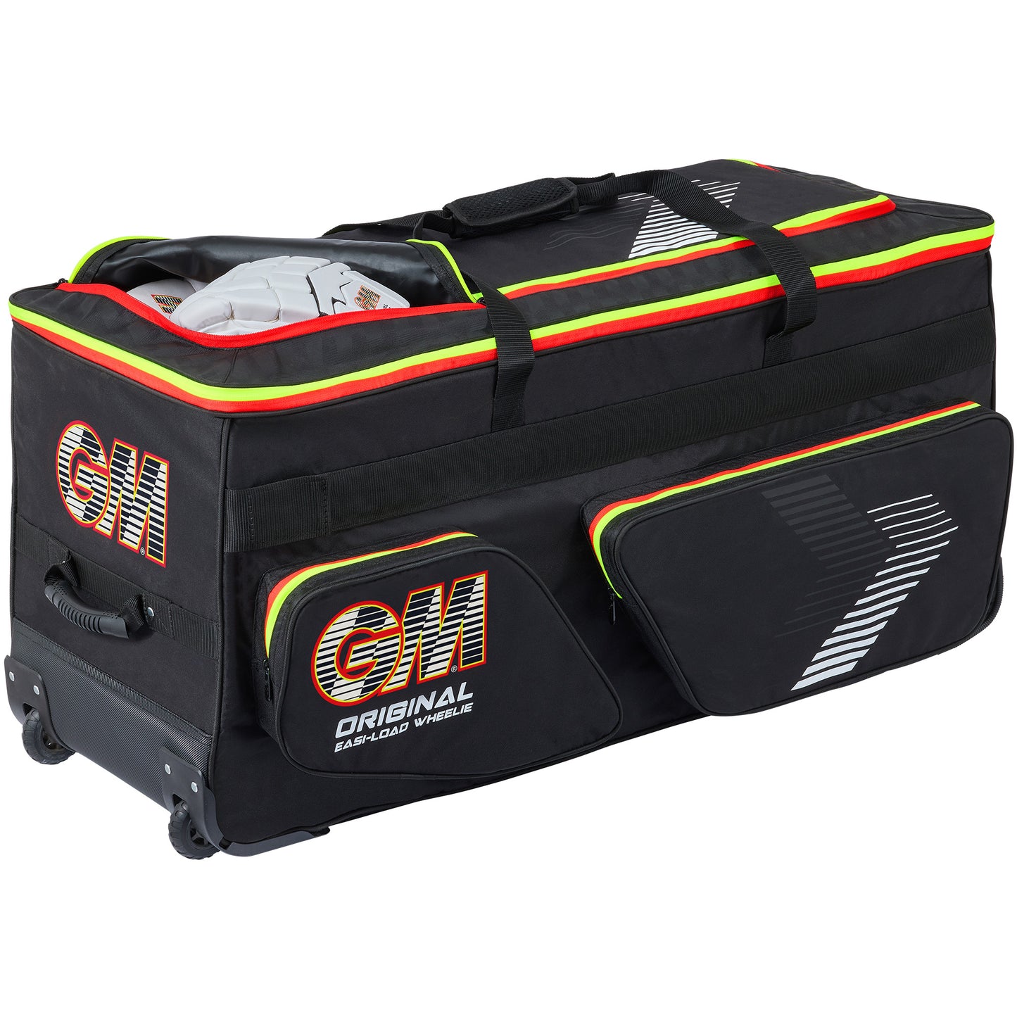 Black Gunn & Moore Original Easi-Load Wheelie Cricket Bag viewed from the back and side, showing zippered compartments, red and yellow neon trim, white striped graphics, and bold red GM logos on the side and top pocket.