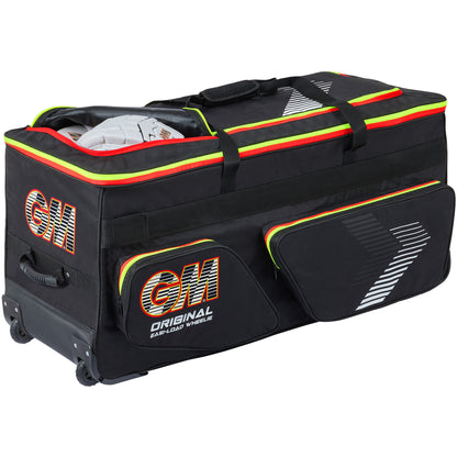 Black Gunn & Moore Original Easi-Load Wheelie Cricket Bag viewed from the back and side, showing zippered compartments, red and yellow neon trim, white striped graphics, and bold red GM logos on the side and top pocket.
