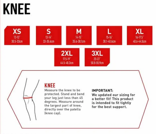 Knee size chart with measurements for different sizes on a white background