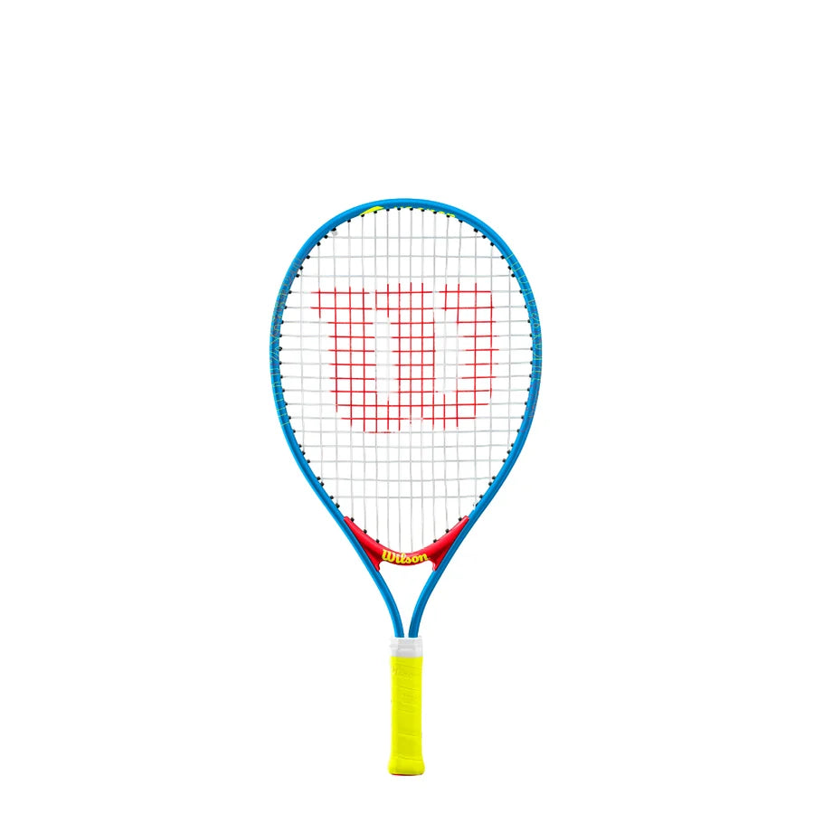 A Wilson junior tennis racket with a blue frame, red Wilson logo on the strings, and a bright yellow grip, shown against a solid white background.
