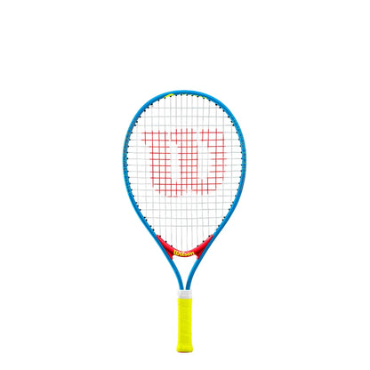 A Wilson junior tennis racket with a blue frame, red Wilson logo on the strings, and a bright yellow grip, shown against a solid white background.