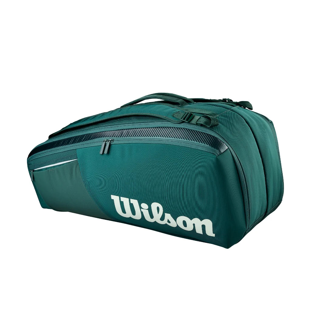 Opposite-side view of green Wilson Blade V10 racket bag showing large zipped pocket and small accessory pocket.