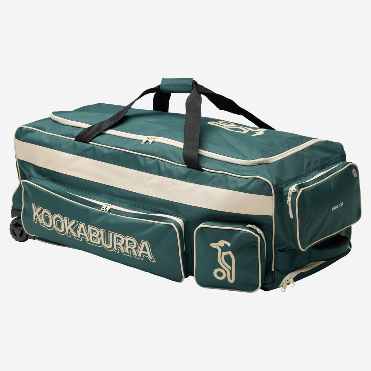 Kookaburra Pro 1.0 Wheelie Cricket Bag Bottle/Off White - Angled view showing external pockets, heavy duty wheels, and reinforced pull handle