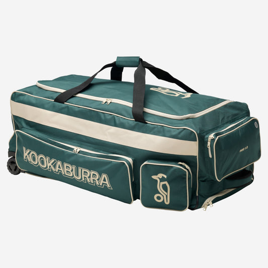 Kookaburra Pro 1.0 Wheelie Cricket Bag Bottle/Off White - Angled view showing external pockets, heavy duty wheels, and reinforced pull handle