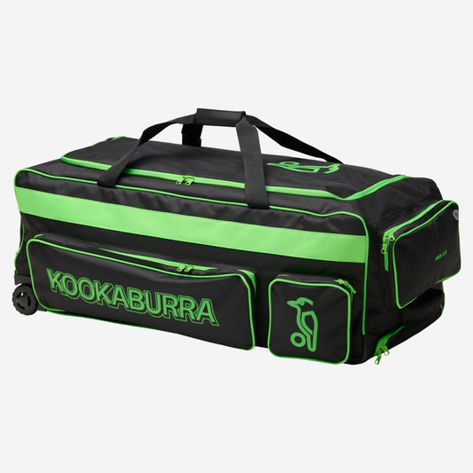 Kookaburra Pro 2.0 Cricket Wheelie Bag Black/Lime - Angled view showing external pockets, heavy duty wheels, and reinforced pull handle
