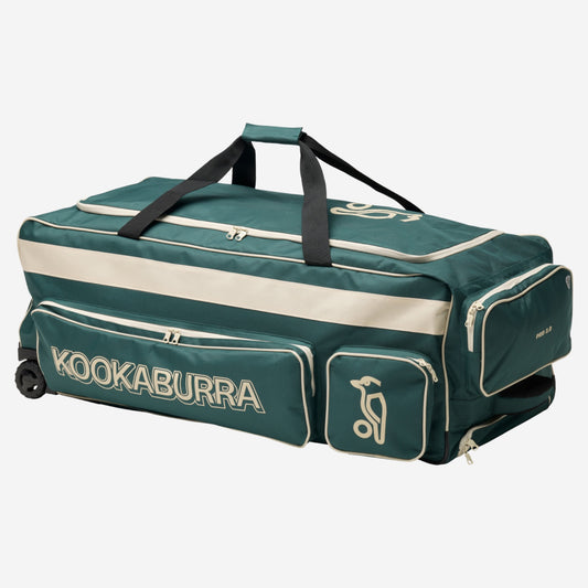 Kookaburra Pro 2.0 Cricket Wheelie Bag Bottle/Off White - Angled view showing external pockets, heavy duty wheels, and reinforced pull handle
