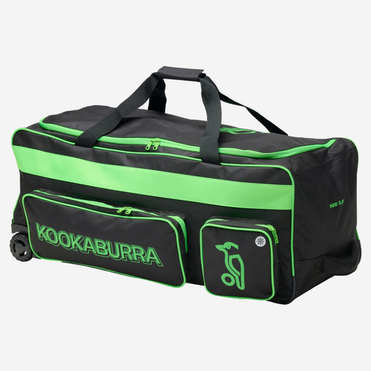 Kookaburra Pro 3.0 Cricket Wheelie Bag Black/Lime - Angled view showing external pockets including cooler-lined side pocket, heavy duty wheels, and reinforced pull handle