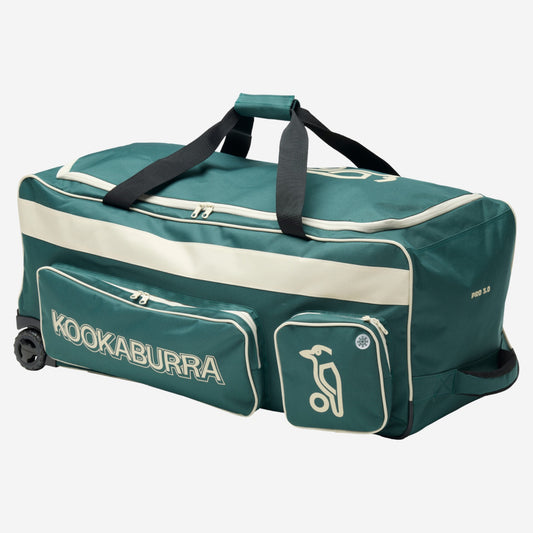 Kookaburra Pro 3.0 Cricket Wheelie Bag Bottle/Off White - Angled view showing external pockets including cooler-lined side pocket, heavy duty wheels, and reinforced pull handle