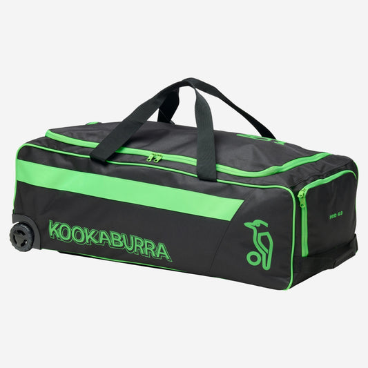 Kookaburra Pro 4.0 Cricket Wheelie Bag Black/Lime - Angled view showing integrated end pocket, heavy duty wheels, and reinforced pull handle