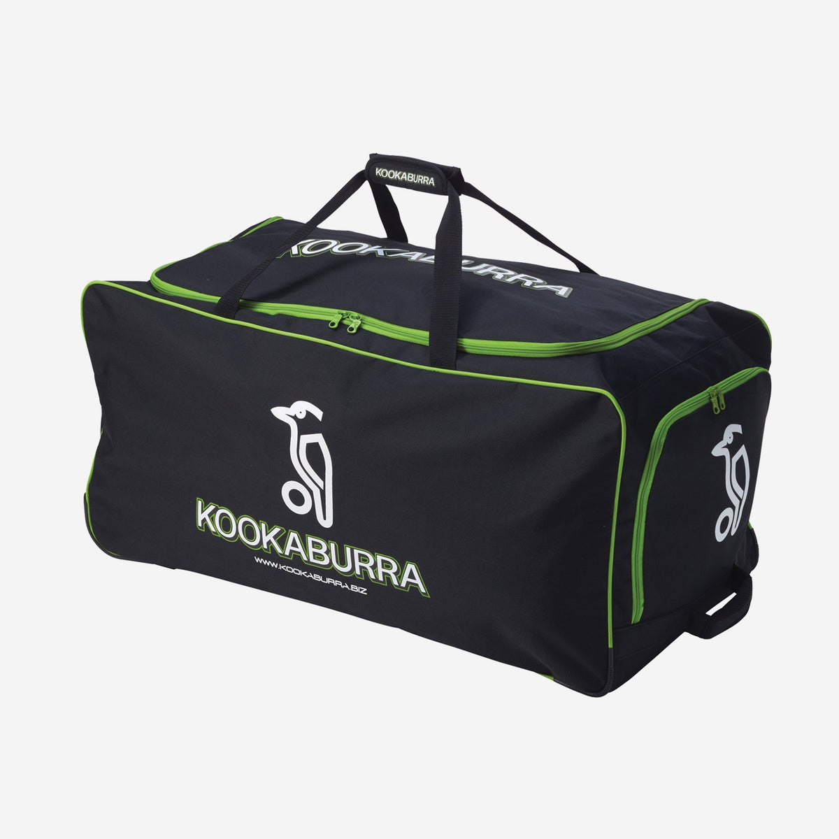 Kookaburra Team Kit Bag with Wheels Black/Lime - Angled view showing large main compartment, lime green trim, dual carry handles, and heavy duty wheels