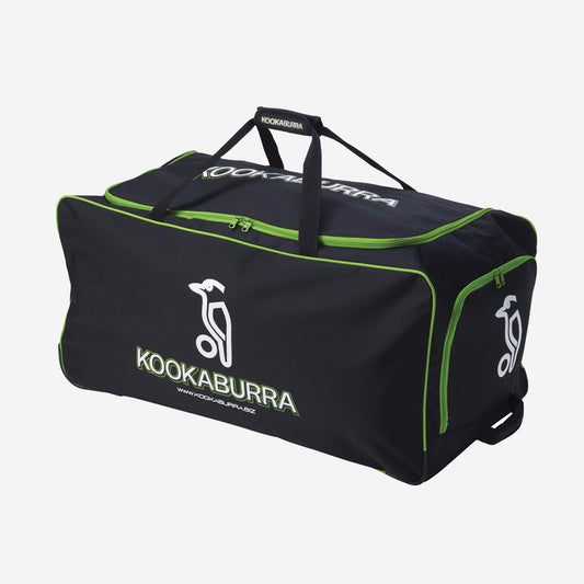 Kookaburra Team Kit Bag with Wheels Black/Lime - Angled view showing large main compartment, lime green trim, dual carry handles, and heavy duty wheels