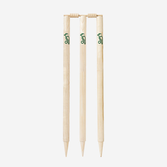 Kookaburra Shield Cricket Stumps - Three natural finish wooden stumps with bails and green Kookaburra branding