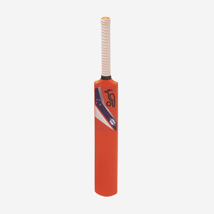 A Kookaburra plastic cricket bat with a white wrapped handle and a blue, white, and red graphic design on the barrel, shown against a plain light gray background.
